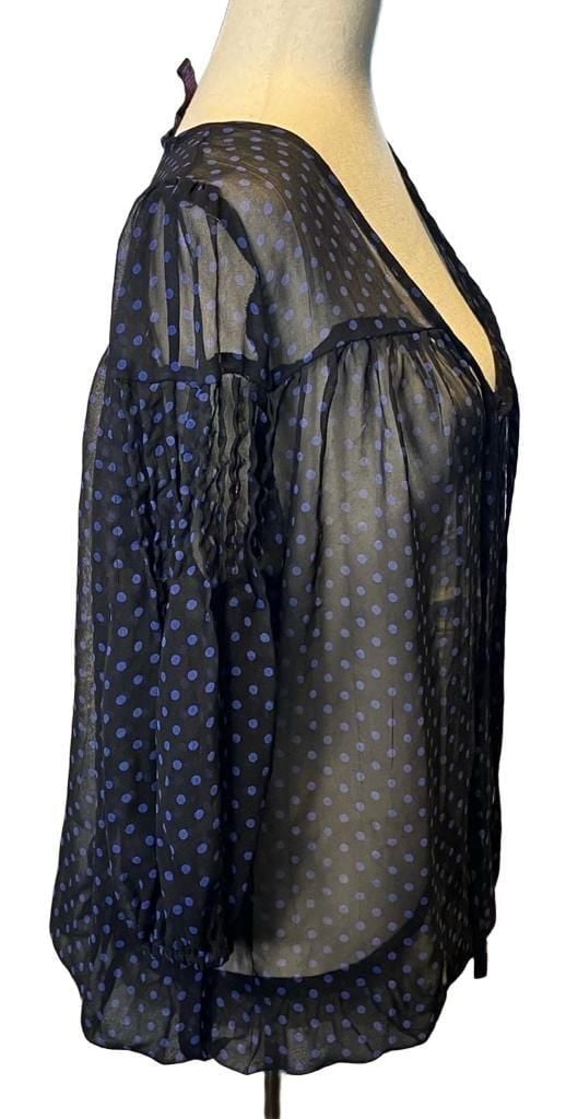 Ultra Flirt Blouse Size XL Black Blue Polka Dot Sheer V-Neck Long Sleeve 3