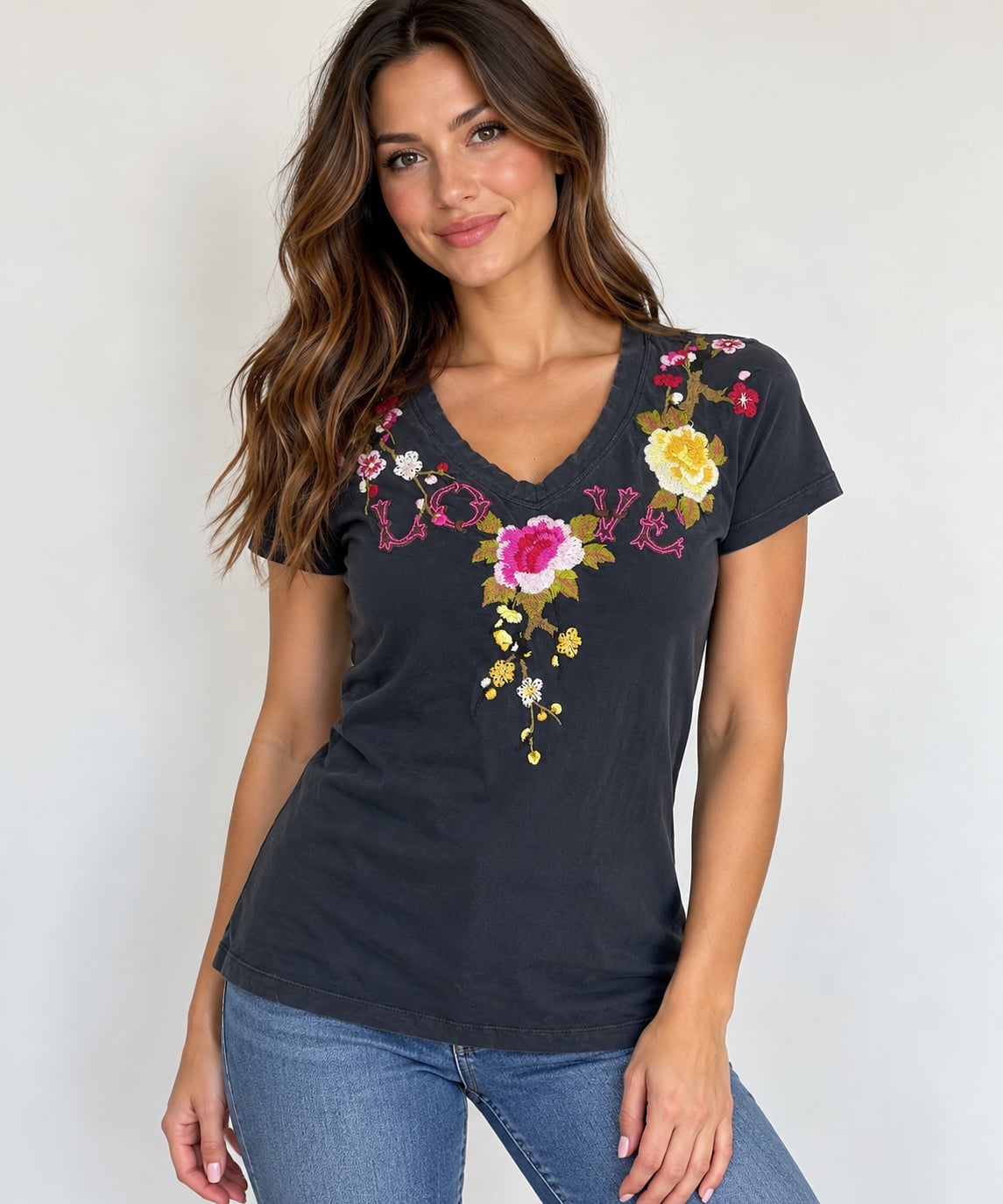 Johnny Was Estrella Tee Black Floral Embroidered V-Neck Top Medium 2