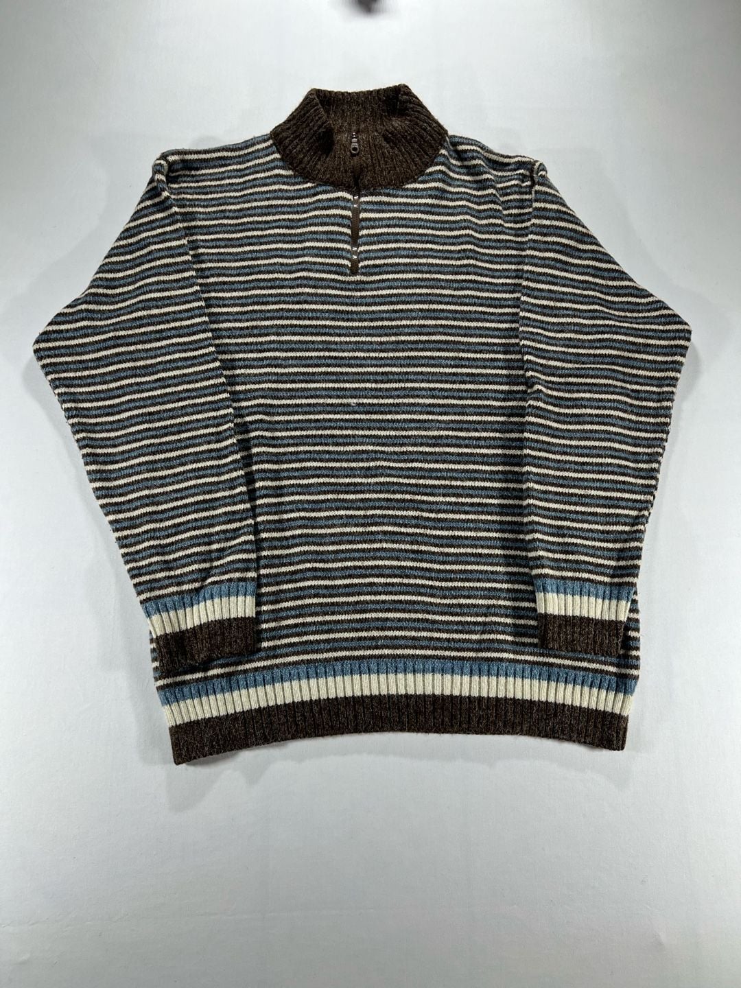 Cartier Ports Wear 1/4 Zip Sweater Size L Striped Brown Blue 2