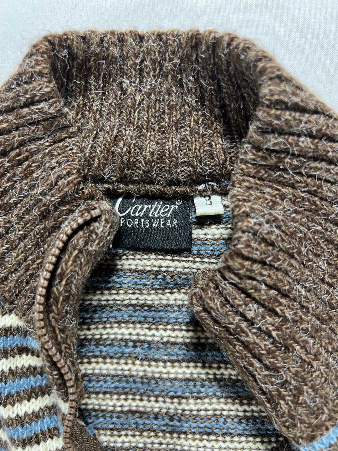 Cartier Ports Wear 1/4 Zip Sweater Size L Striped Brown Blue 4