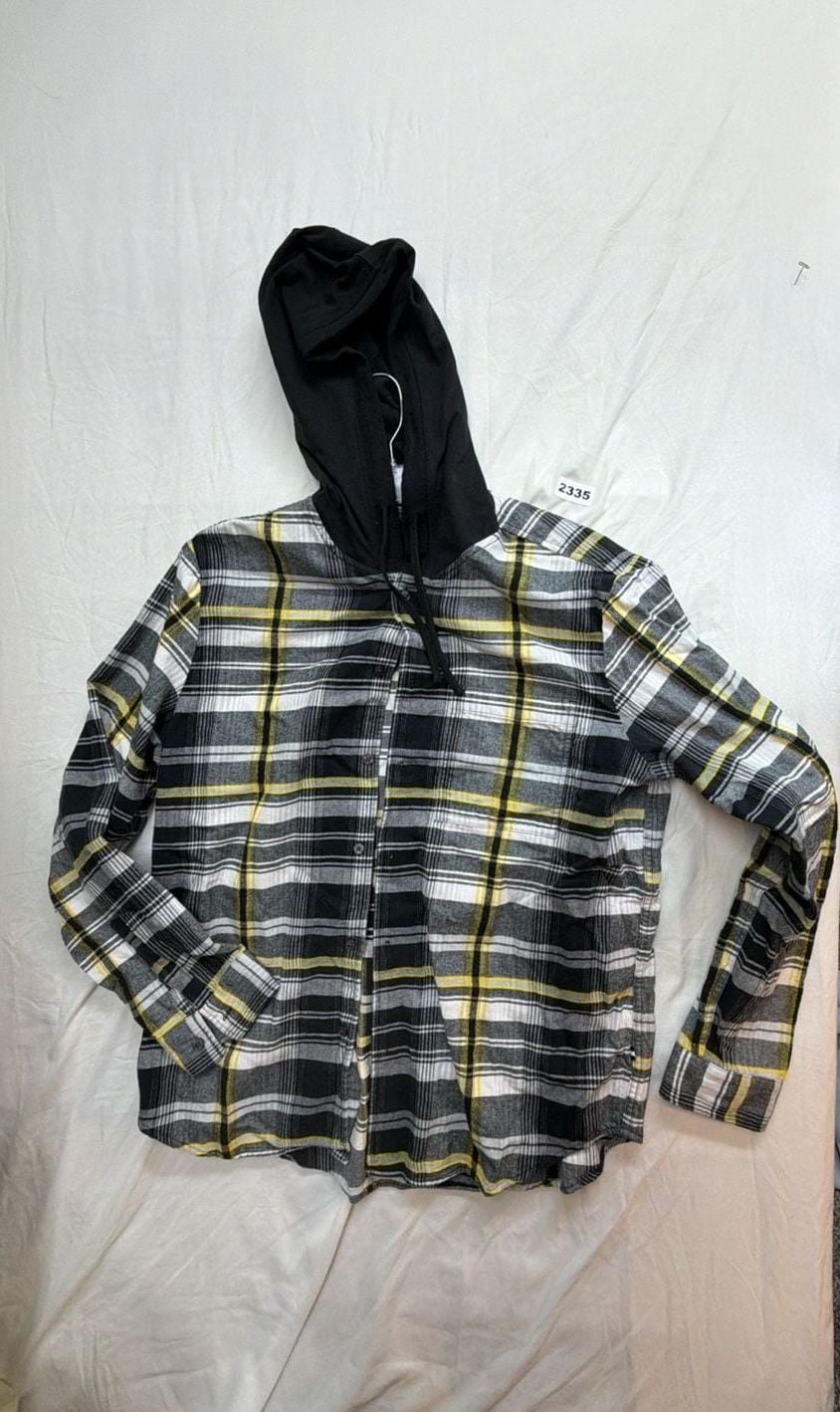 Edgar + Ash Hooded Flannel Shirt Size L Black Yellow Plaid 2