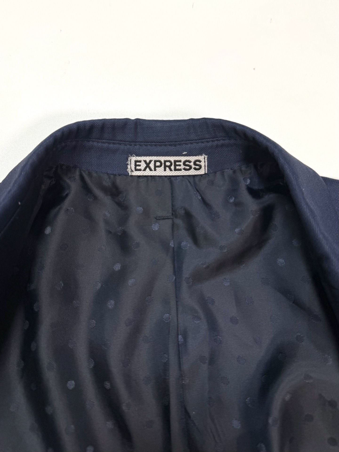 Express Photographer Men's Blazer 40 Short Quiet Luxury Old Money Dark Academia Heritage Minimalist Navy Blue Wool Blend Fitted Two Button Notch Lapel Polka Dot Lining Sport Coat 7
