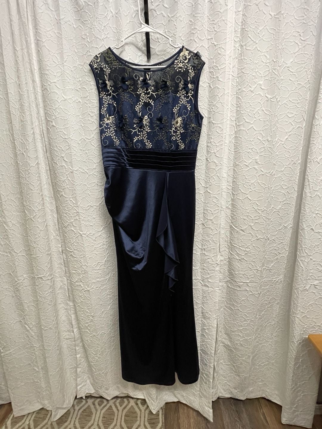 Vfshow Navy Blue Satin Embroidered Lace Overlay Evening Gown XL NWT Formal 2