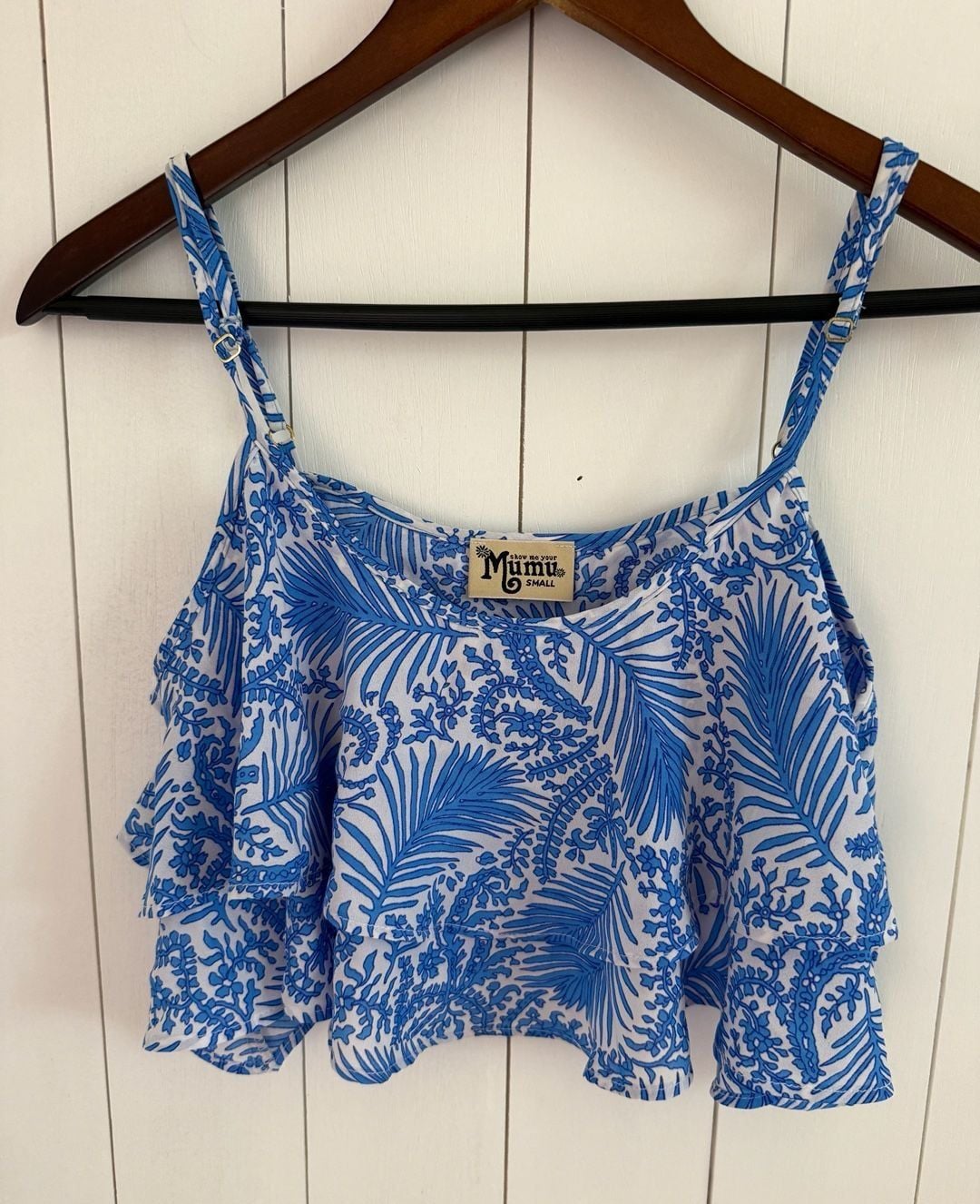Show Me Your Mumu Crop Top Size Small Blue White Ruffle Camisole 2