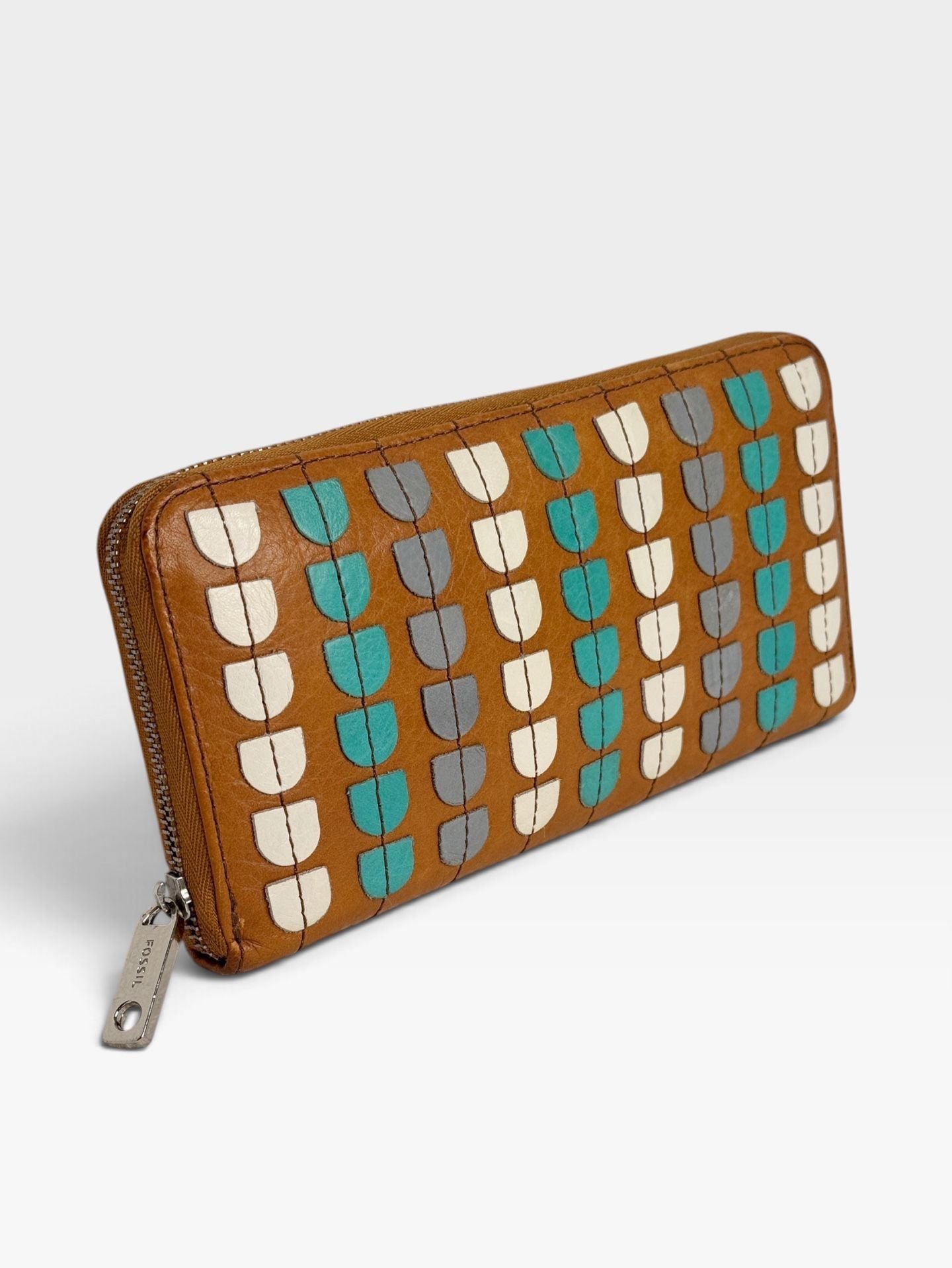 Fossil Sydney Zip Around Wallet Brown Leather Applique 3