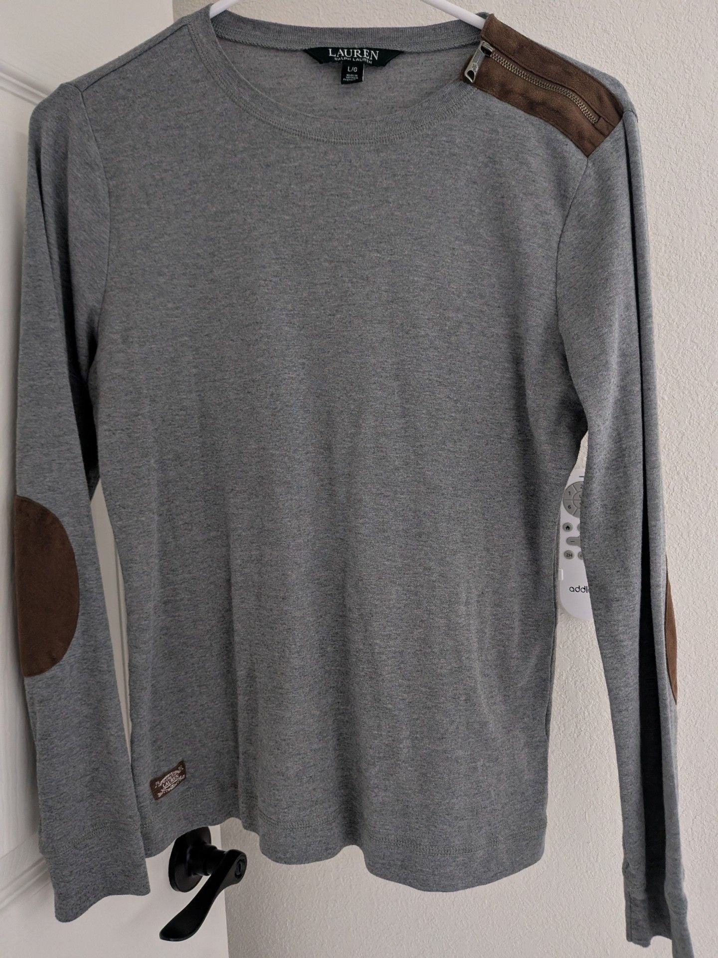Lauren Ralph Lauren Long Sleeve Top Size L Gray Brown Suede Accents 9