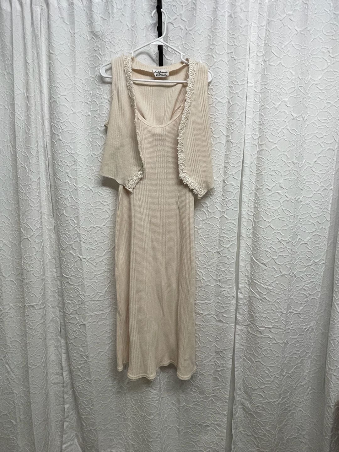 Vintage 90s California Gold Rush Waffle Knit Midi Dress Lace Up Vest Set L Cream 1