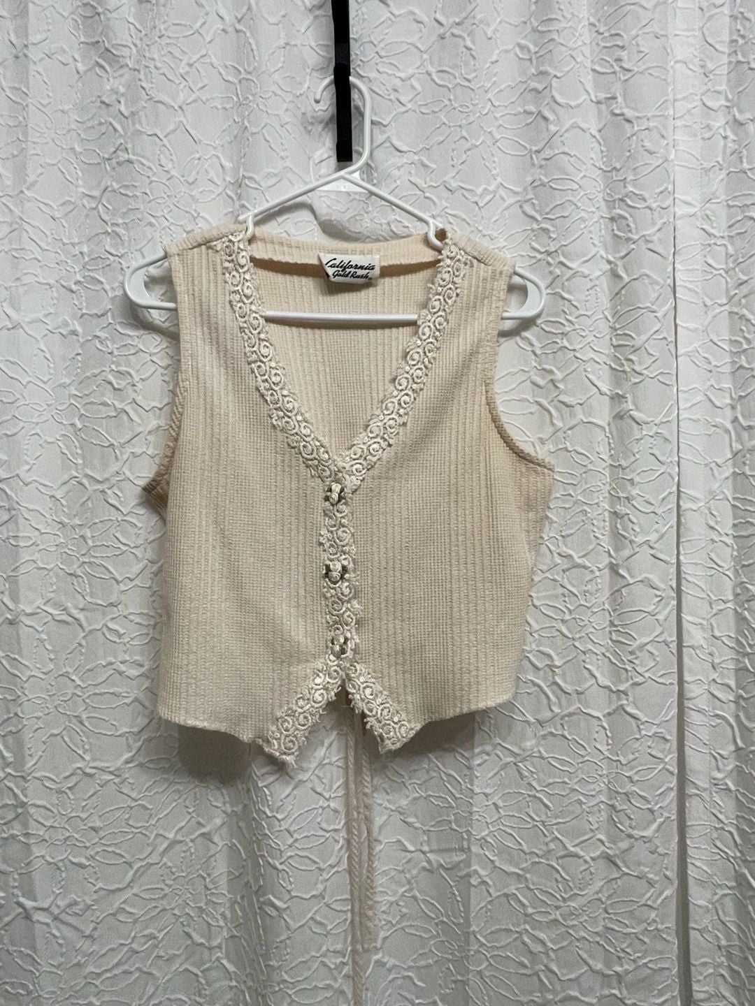 Vintage 90s California Gold Rush Waffle Knit Midi Dress Lace Up Vest Set L Cream 4