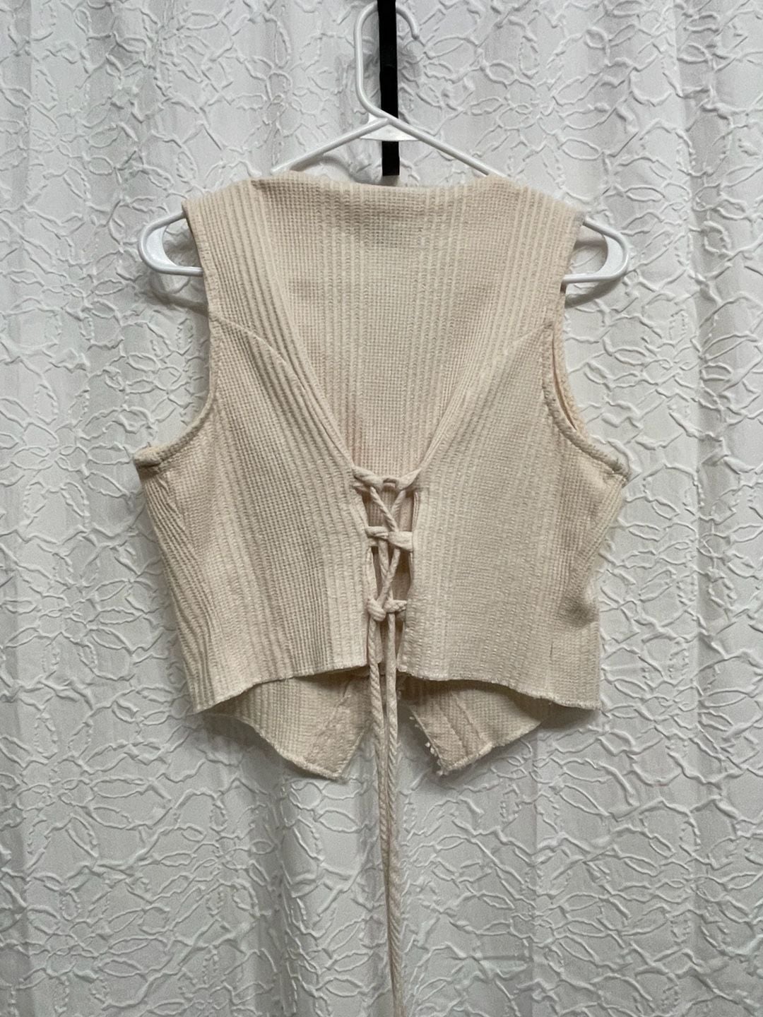 Vintage 90s California Gold Rush Waffle Knit Midi Dress Lace Up Vest Set L Cream 5