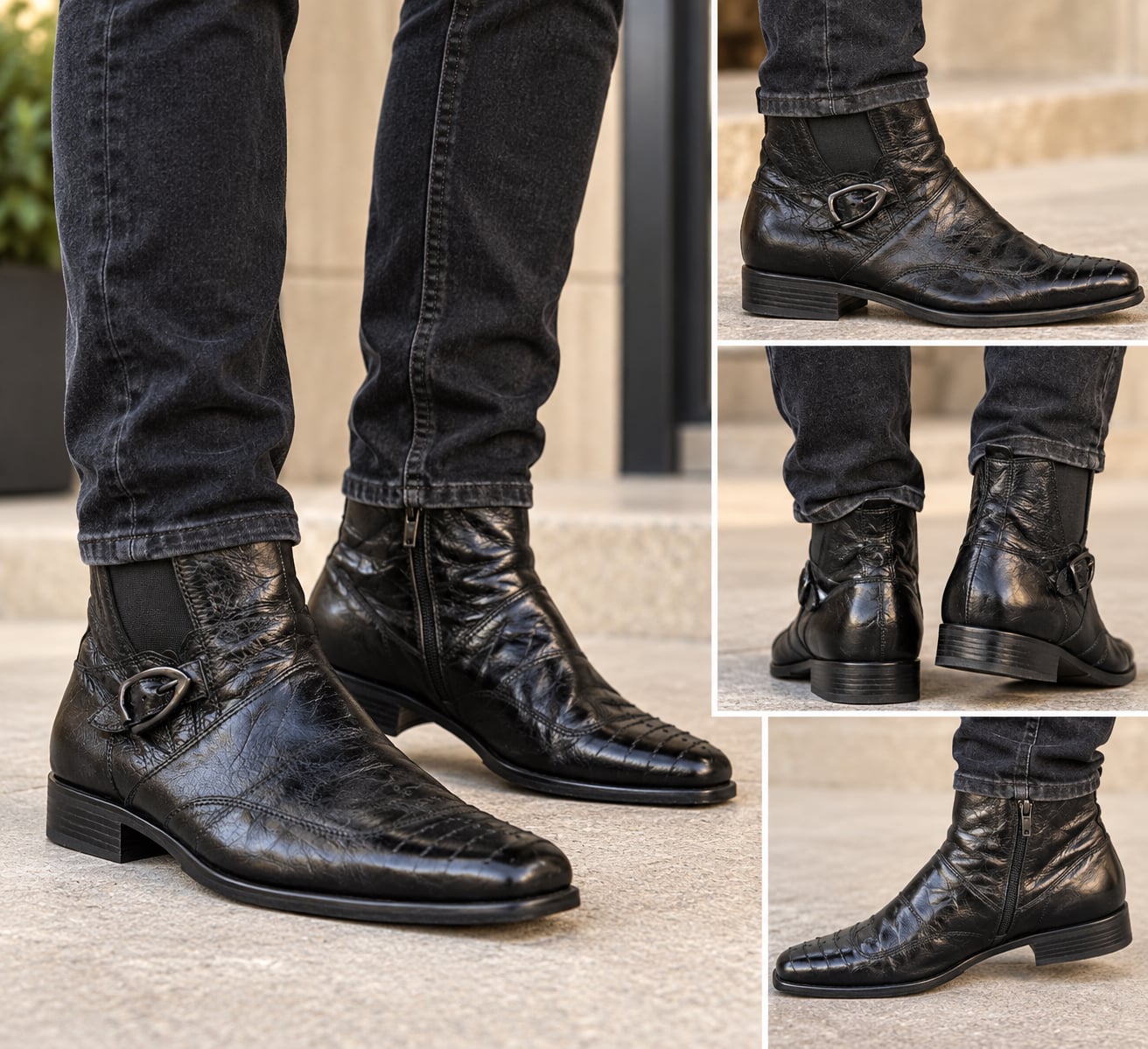 ALDO Men’s Black Leather Ankle Boots EU 44 Buckle Zip Square Toe Moto 2