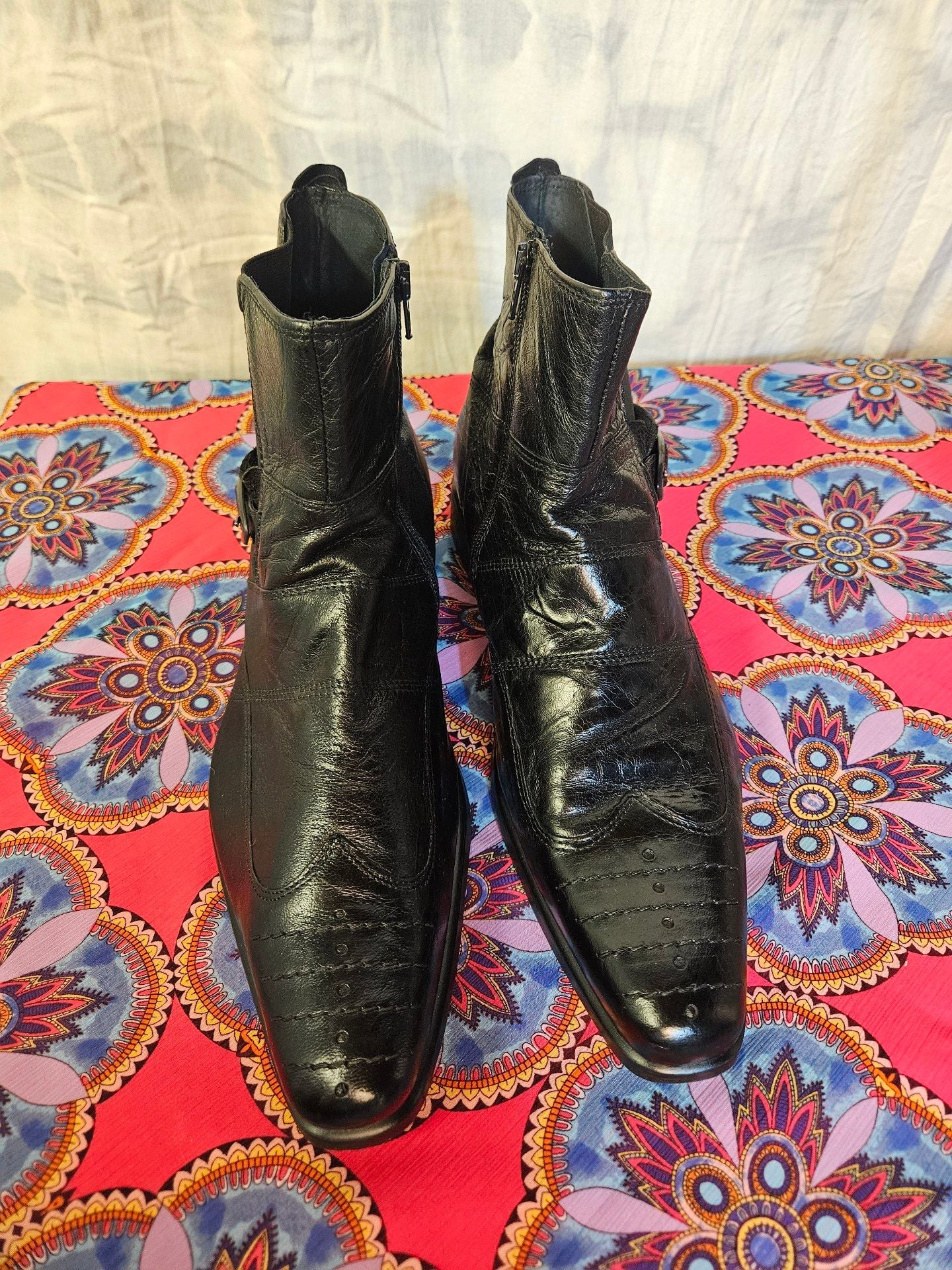 ALDO Men’s Black Leather Ankle Boots EU 44 Buckle Zip Square Toe Moto 3