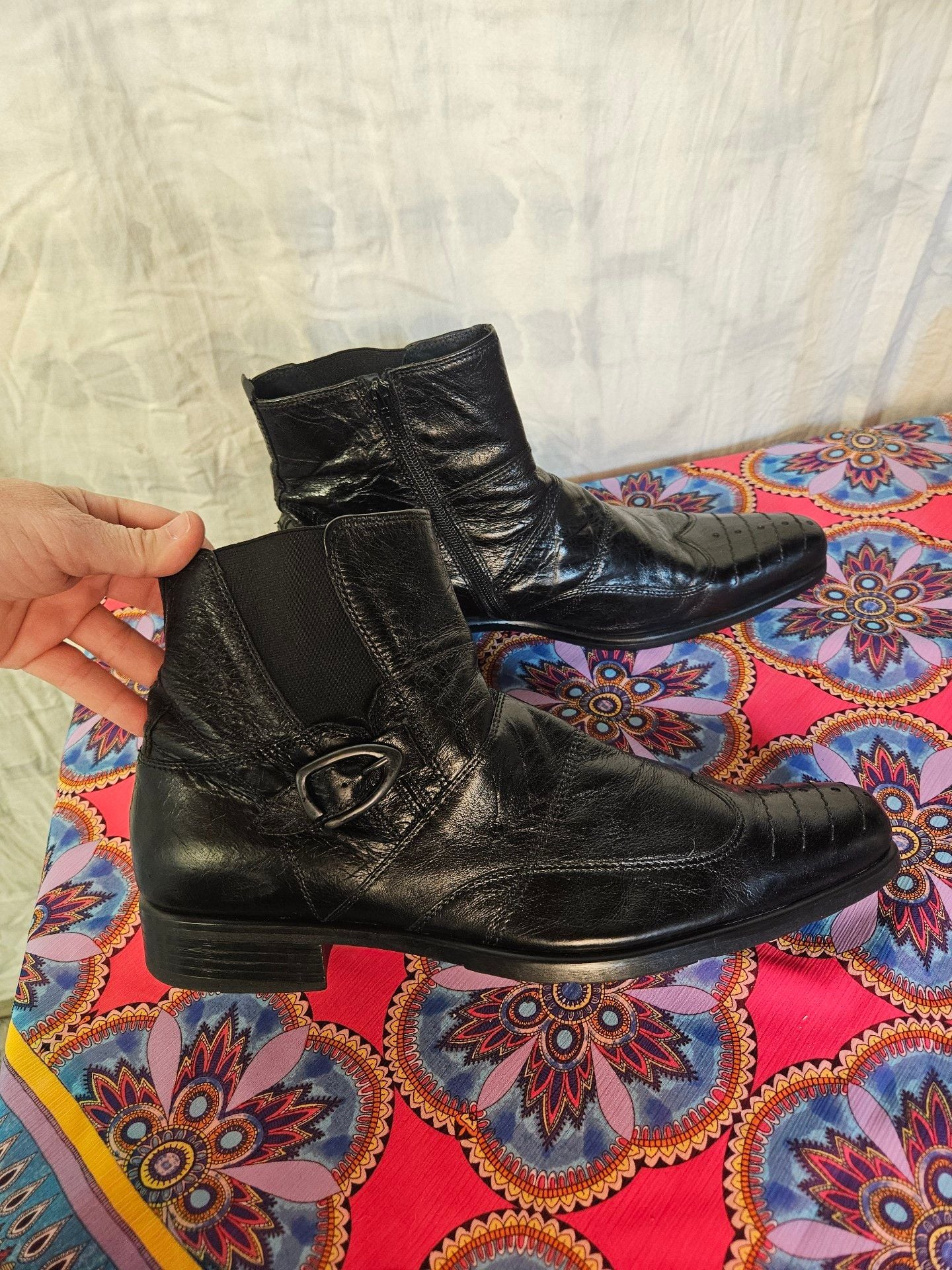 ALDO Men’s Black Leather Ankle Boots EU 44 Buckle Zip Square Toe Moto 4