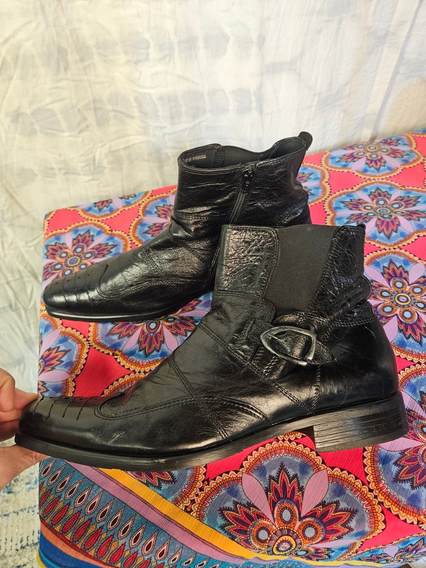 ALDO Men’s Black Leather Ankle Boots EU 44 Buckle Zip Square Toe Moto 6