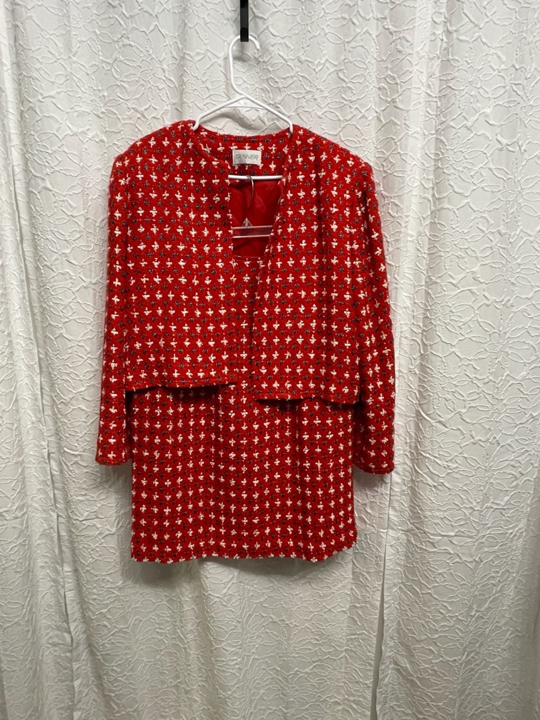 Vintage 90s Tanner Red White Tweed Cropped Jacket Pencil Skirt Suit Set 14 Retro 1