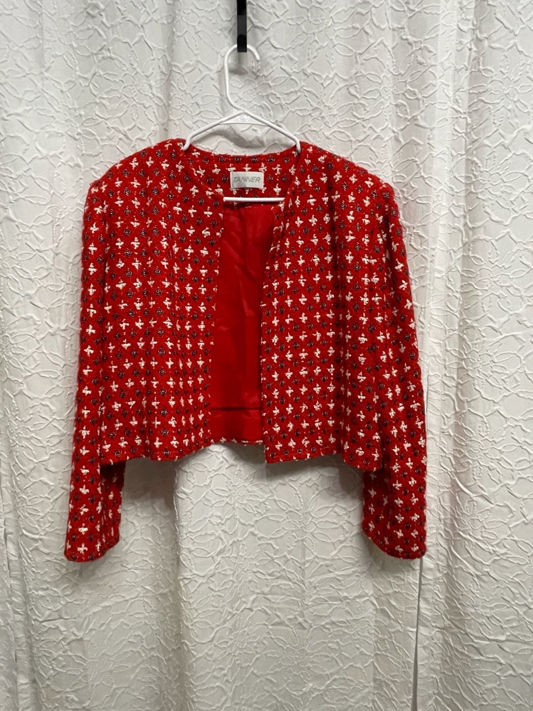 Vintage 90s Tanner Red White Tweed Cropped Jacket Pencil Skirt Suit Set 14 Retro 2