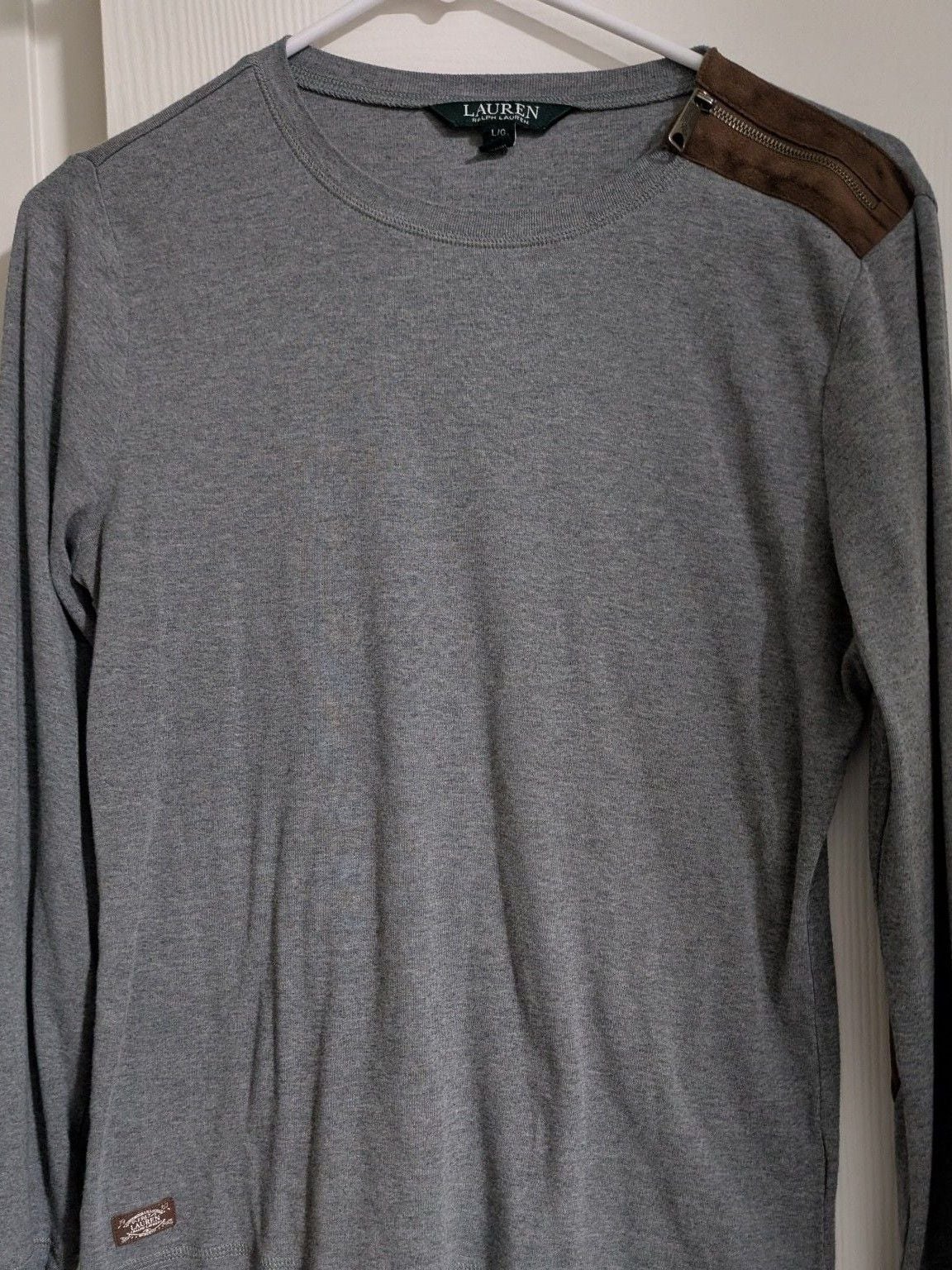Lauren Ralph Lauren Long Sleeve Top Size L Gray Brown Suede Accents 2