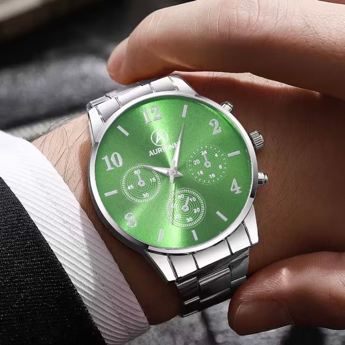 Aurionny Men's Stainless Steel Green Quartz Watch 3