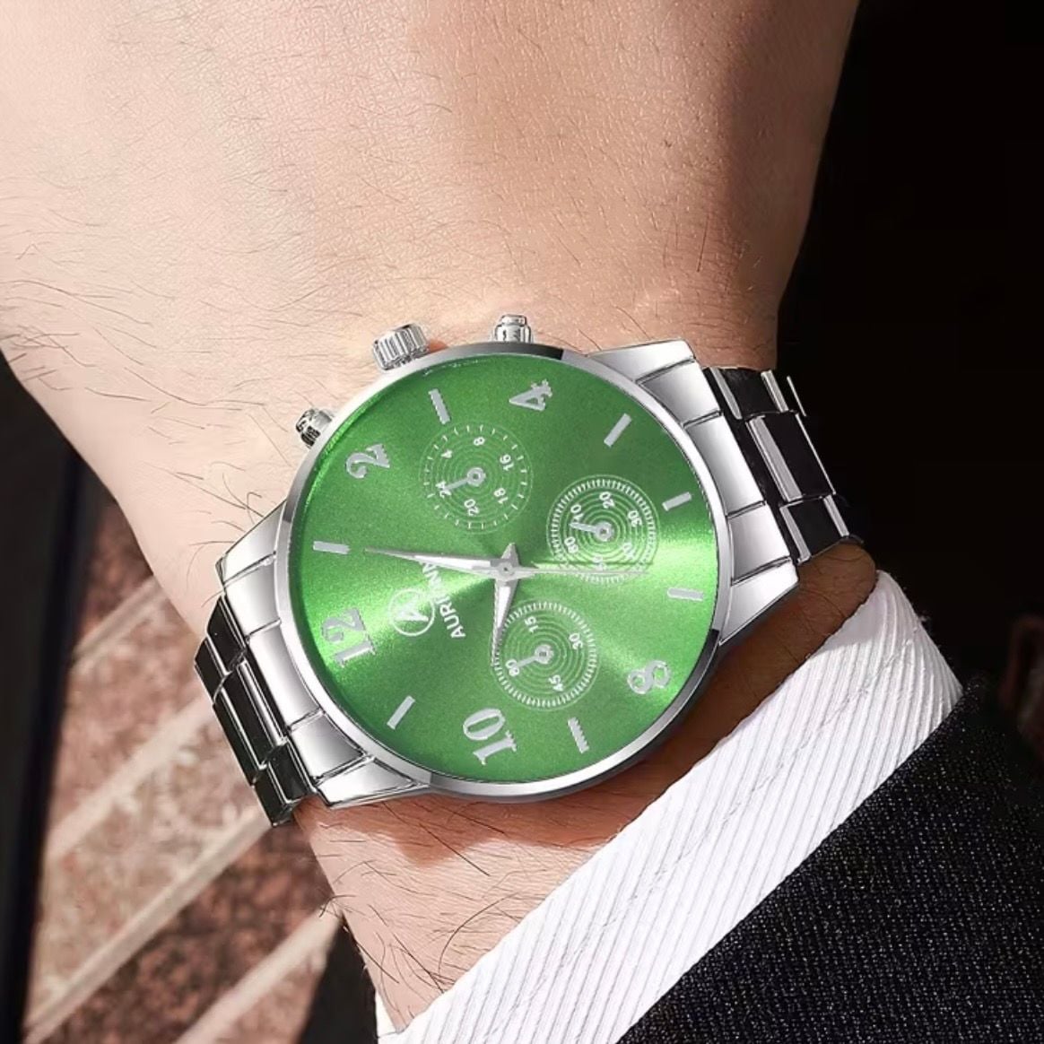 Aurionny Men's Stainless Steel Green Quartz Watch 4