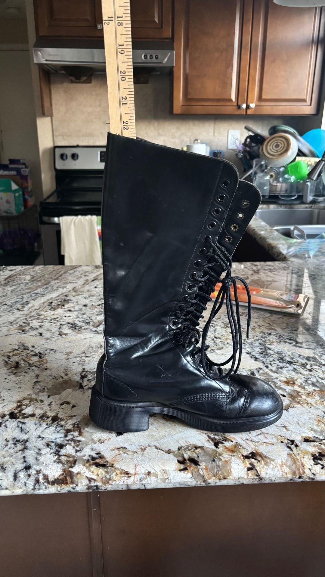 1900’s Dr. Martens 1420 20-Eye Knee High Boots Black Leather Vintage Made In England no size # 6