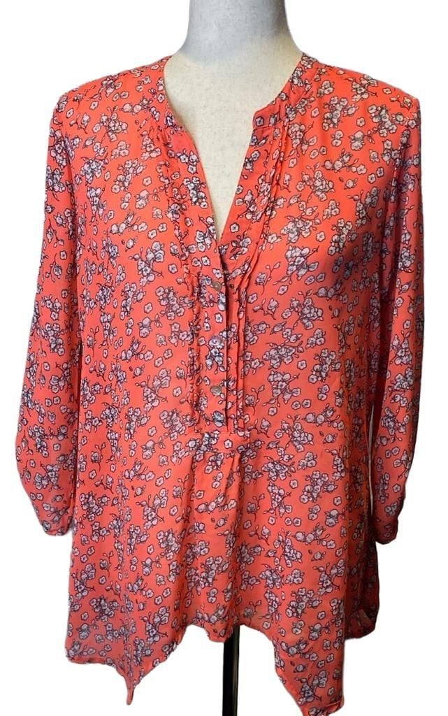 Democracy Floral Blouse Size S Orange V-Neck Tunic Top 2