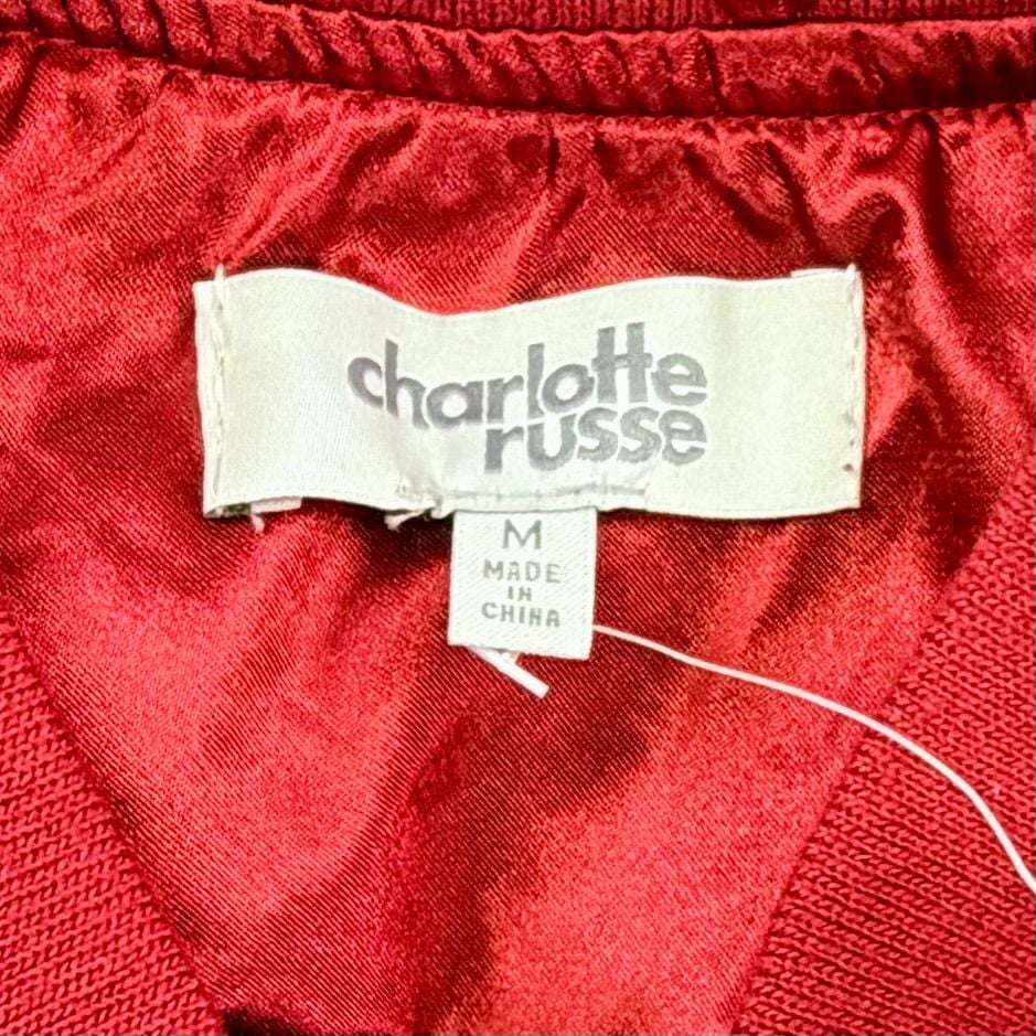 Charlotte Russe Women’s Bomber Jacket Red Satin Full Zip Size M 80s Vibe Vintage 3