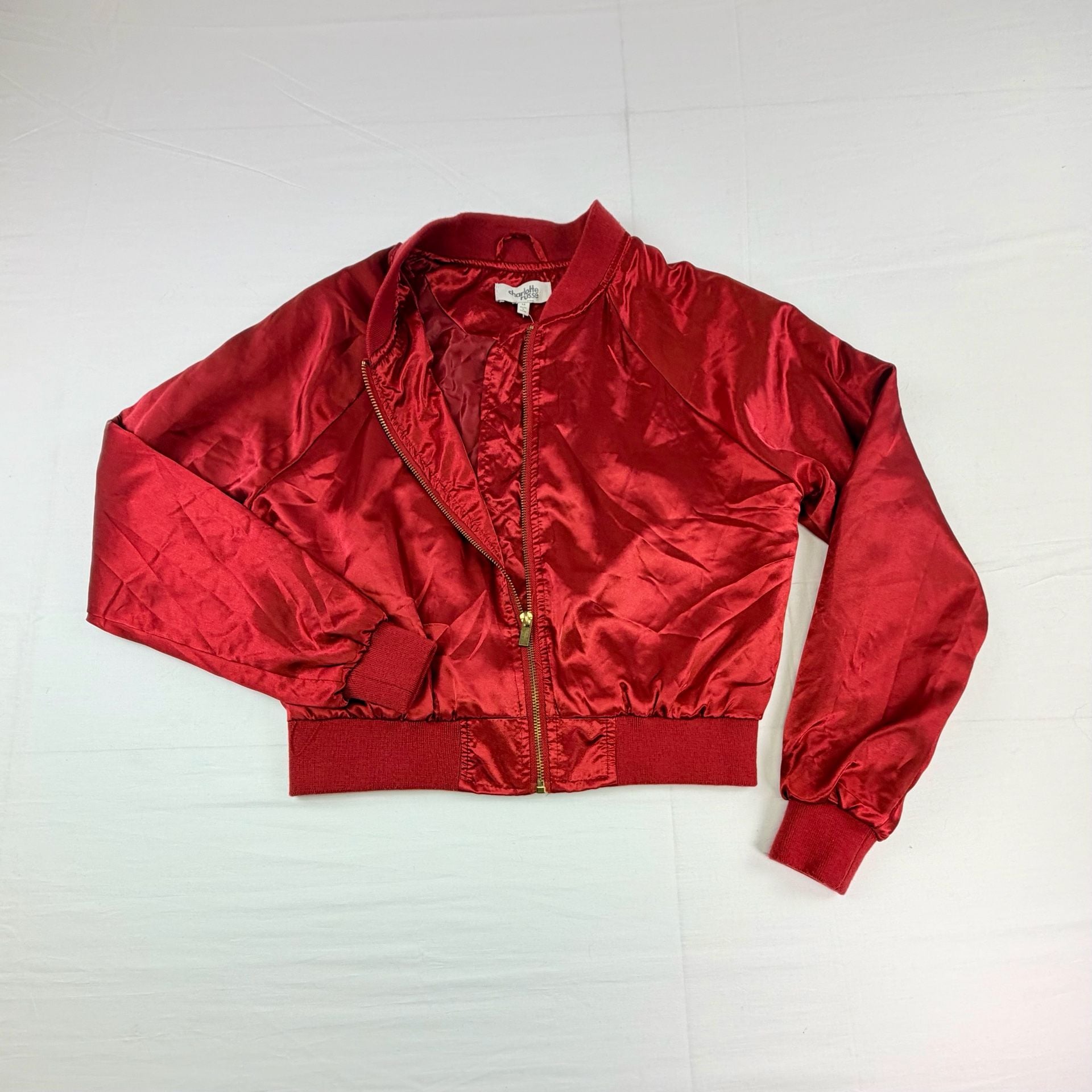 Charlotte Russe Women’s Bomber Jacket Red Satin Full Zip Size M 80s Vibe Vintage 11