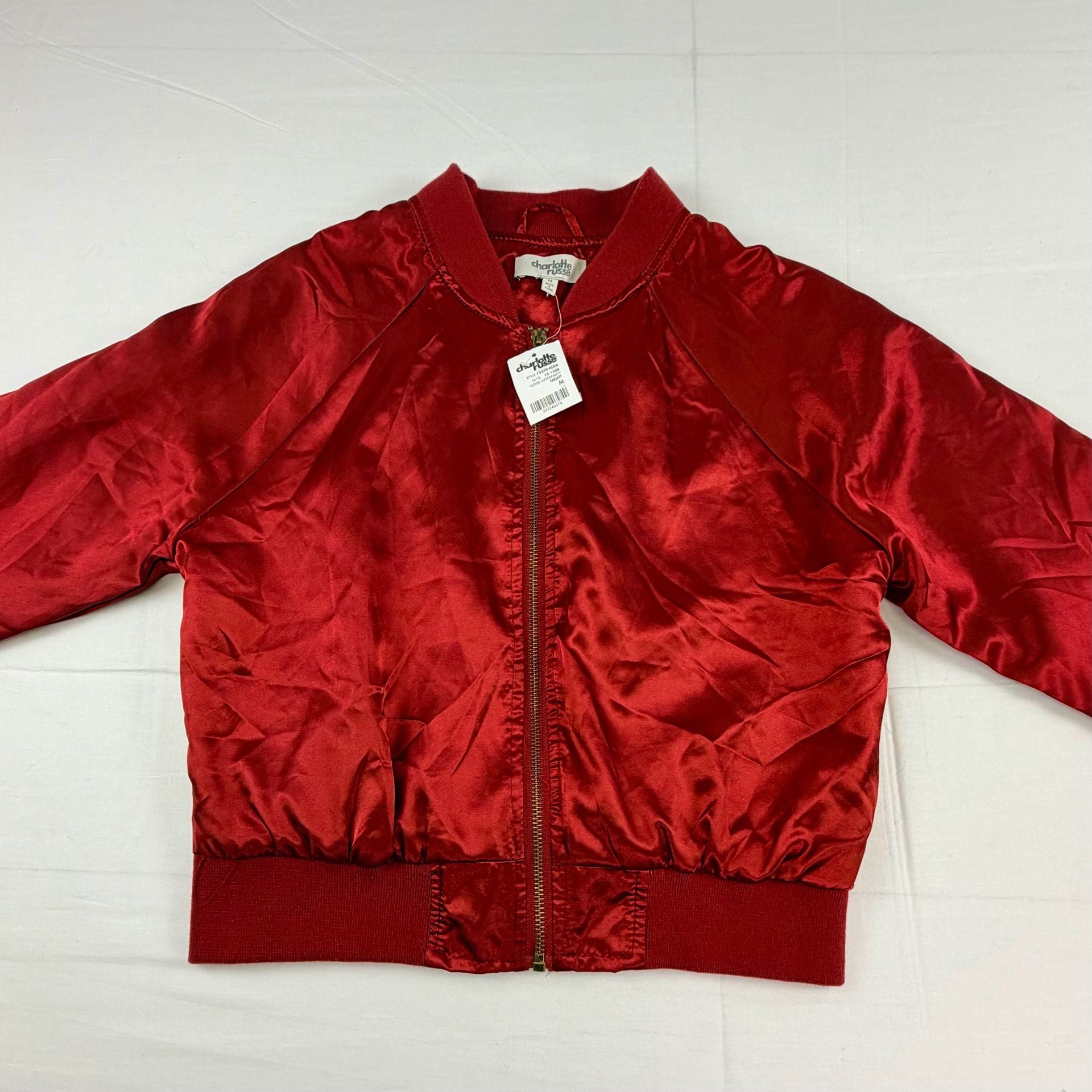 Charlotte Russe Women’s Bomber Jacket Red Satin Full Zip Size M 80s Vibe Vintage 12
