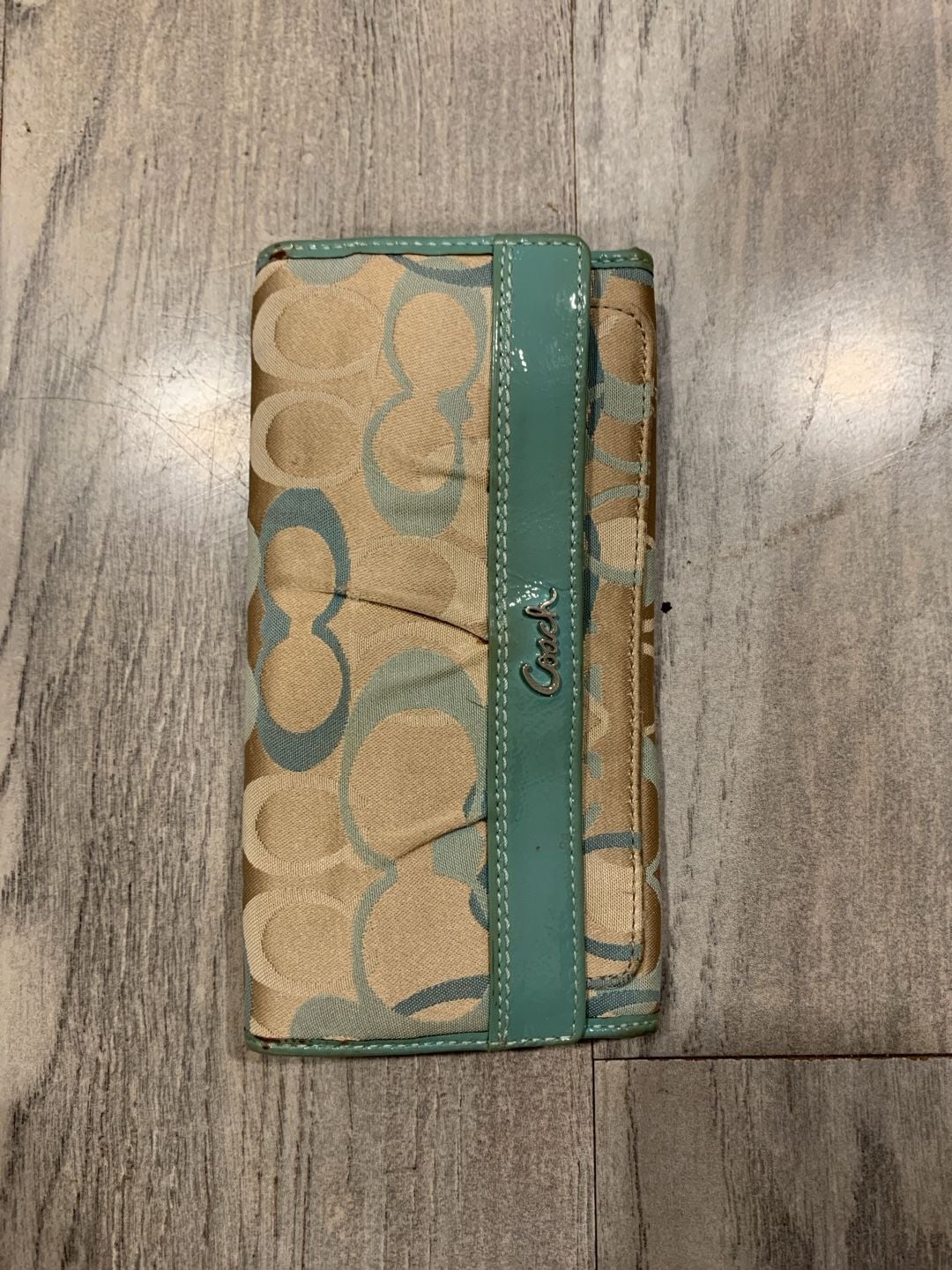 Y2K Coach Signature C Patent Leather Trim Long Wallet Blue Khaki 1