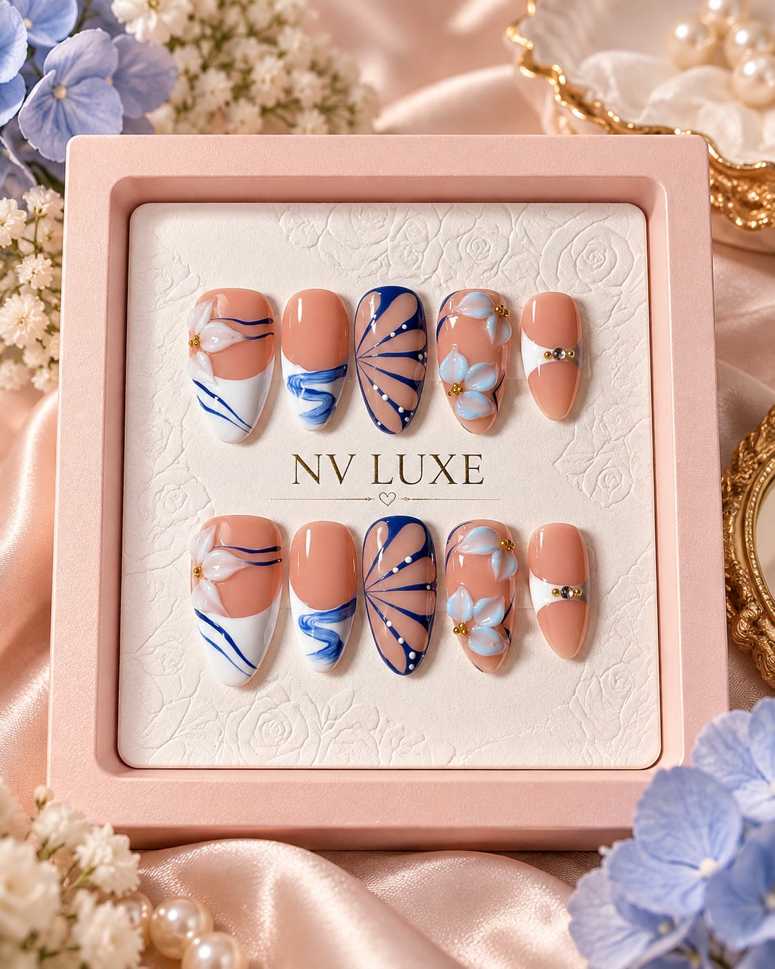 NV Luxe Blue Butterfly Bloom Press on Nails Medium Almond 1