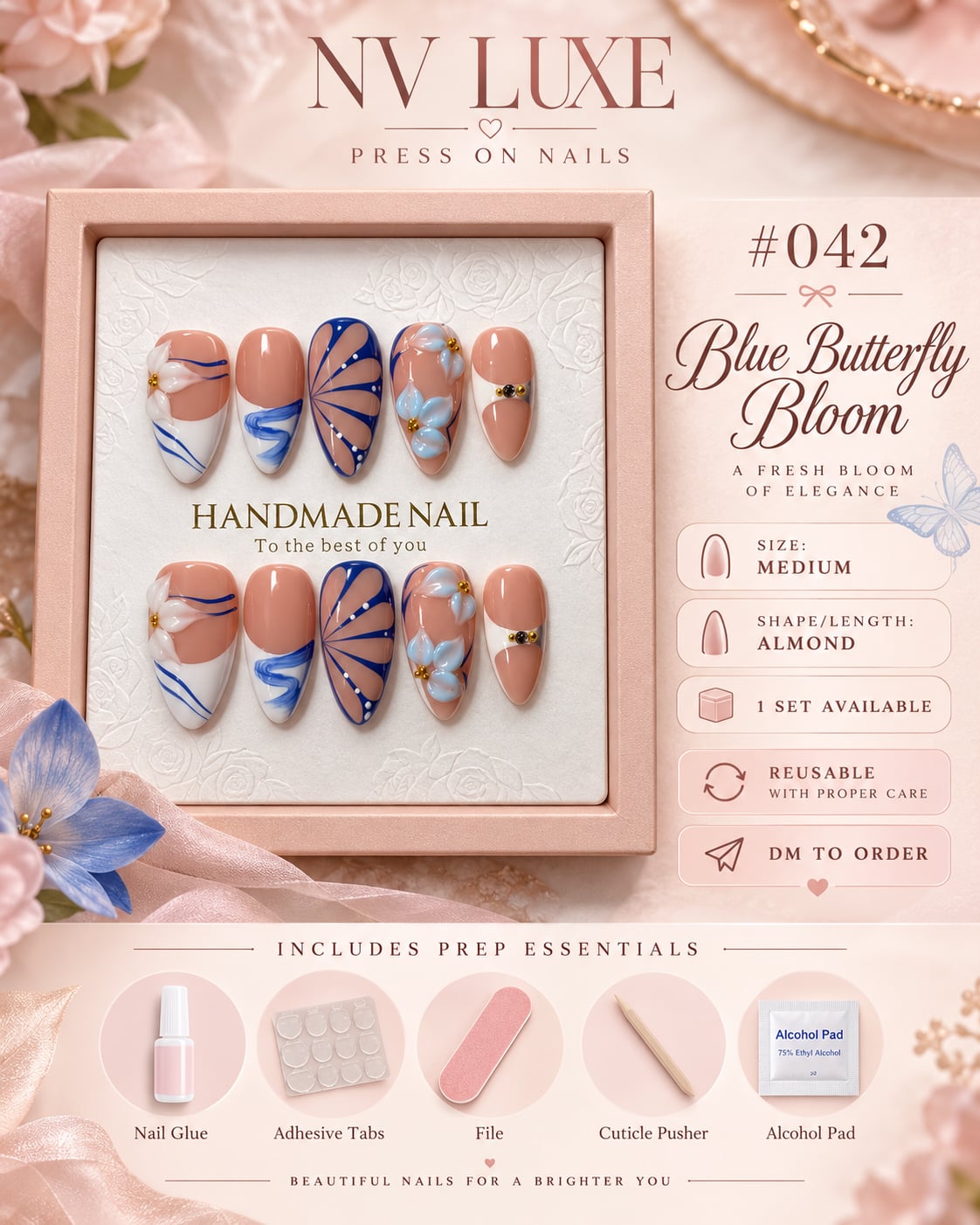 NV Luxe Blue Butterfly Bloom Press on Nails Medium Almond 2