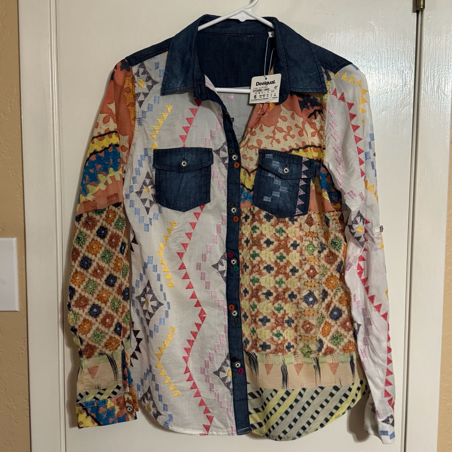Desigual Cam Aurora Shirt Womens S NWT Embroidered Boho Western Denim Button Up 3