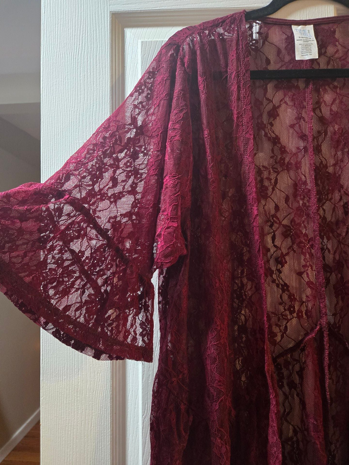 Time and Tru Lace Kimono Cardigan Size S/M Burgundy Open Front 3