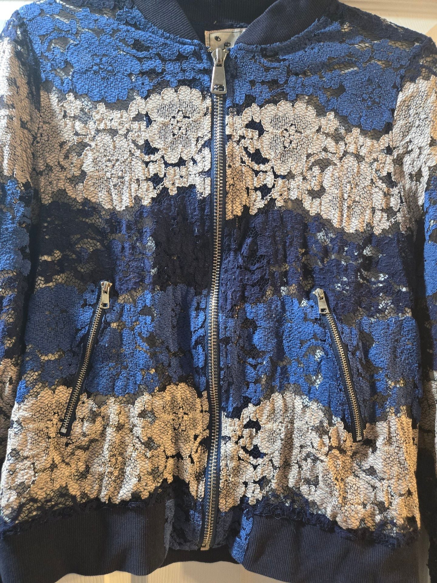 It Girl Lace Bomber Jacket Size S Blue 3