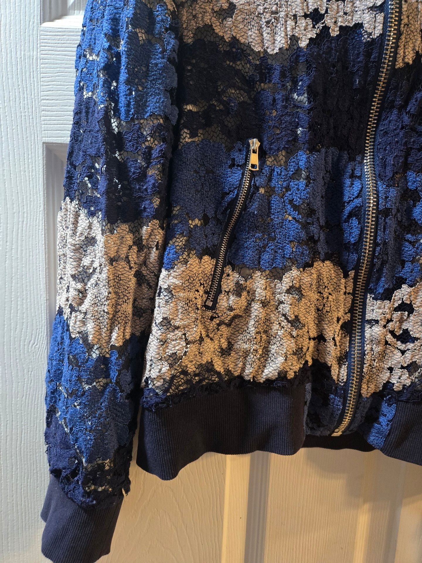 It Girl Lace Bomber Jacket Size S Blue 4