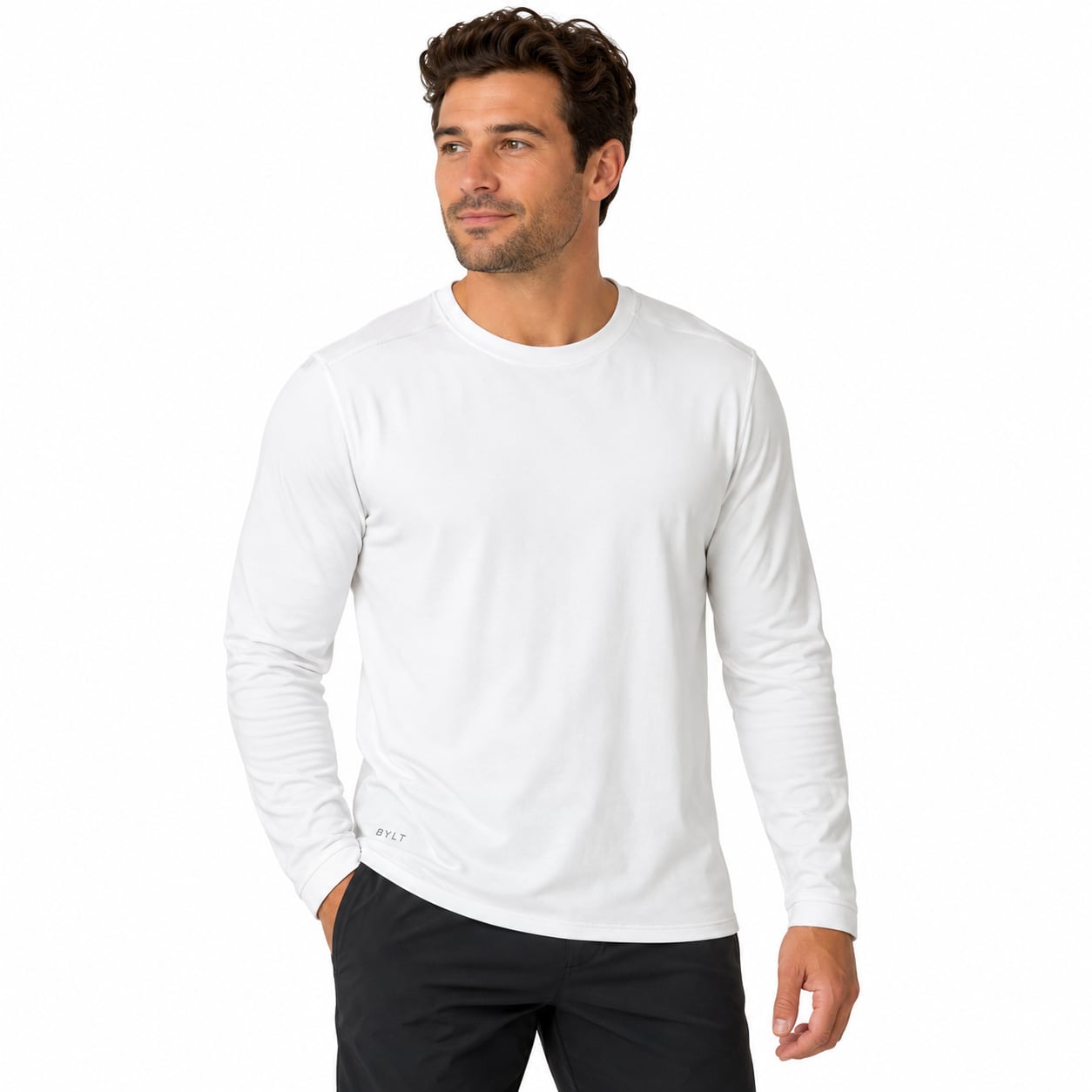 BYLT Premium Basics Men’s L White Long Sleeve Crewneck Split Hem Athletic Casual 2