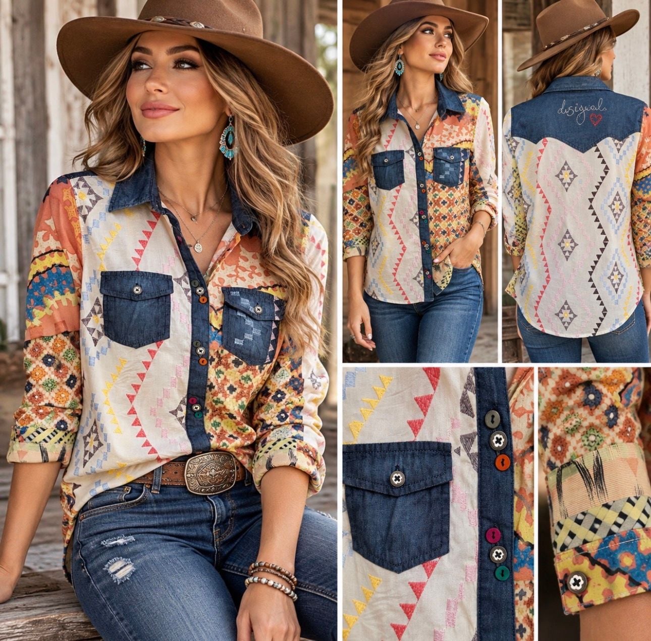 Desigual Cam Aurora Shirt Womens S NWT Embroidered Boho Western Denim Button Up 2