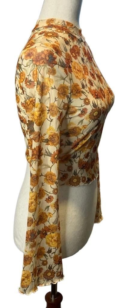 Little Daisy Floral Bell Sleeve Mesh Crop Top Yellow Orange 3