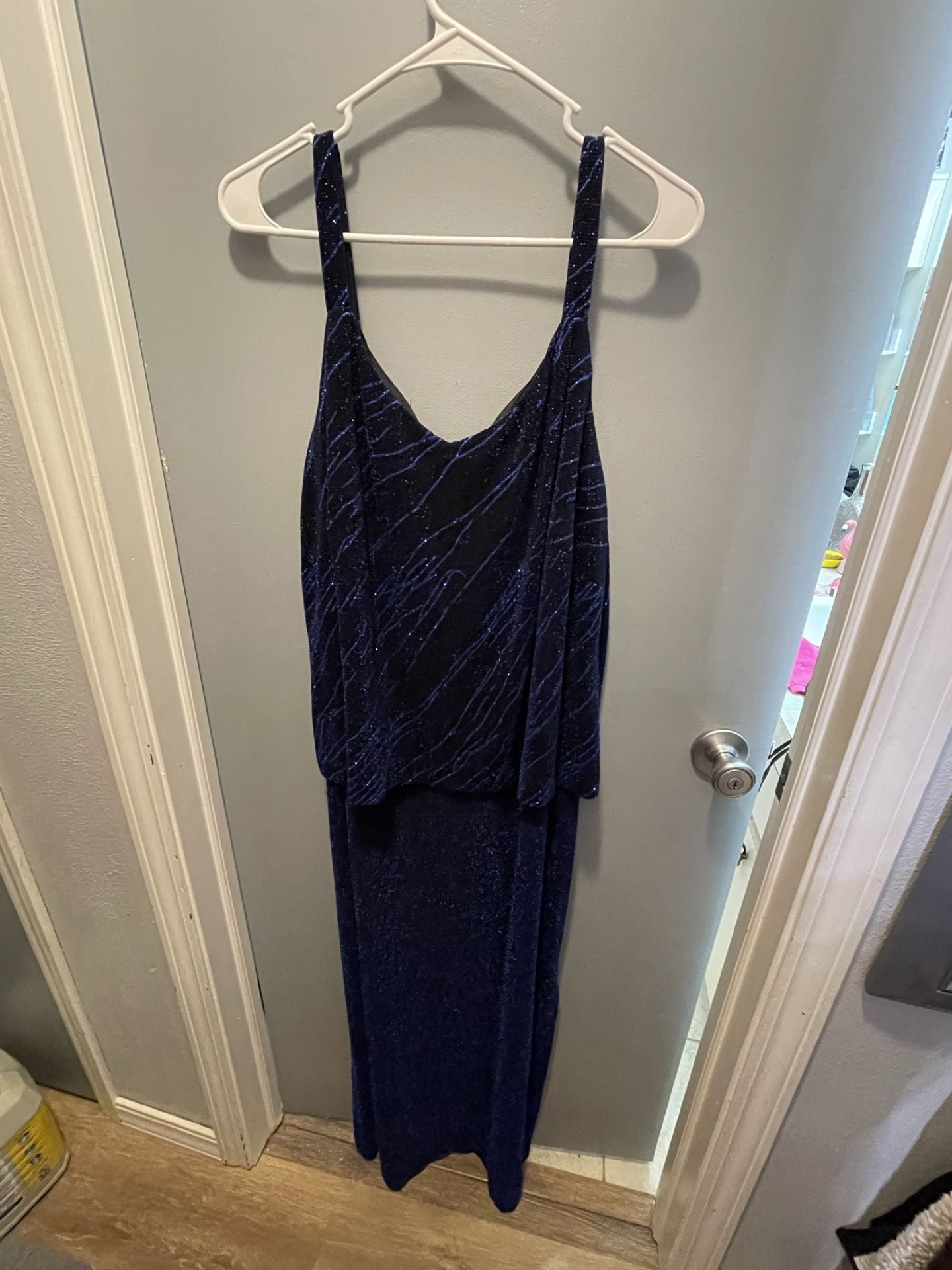 Alex Evenings Metallic Cobalt Blue Glitter 2pc Jacket Maxi Dress Set Plus Sz 20W 4