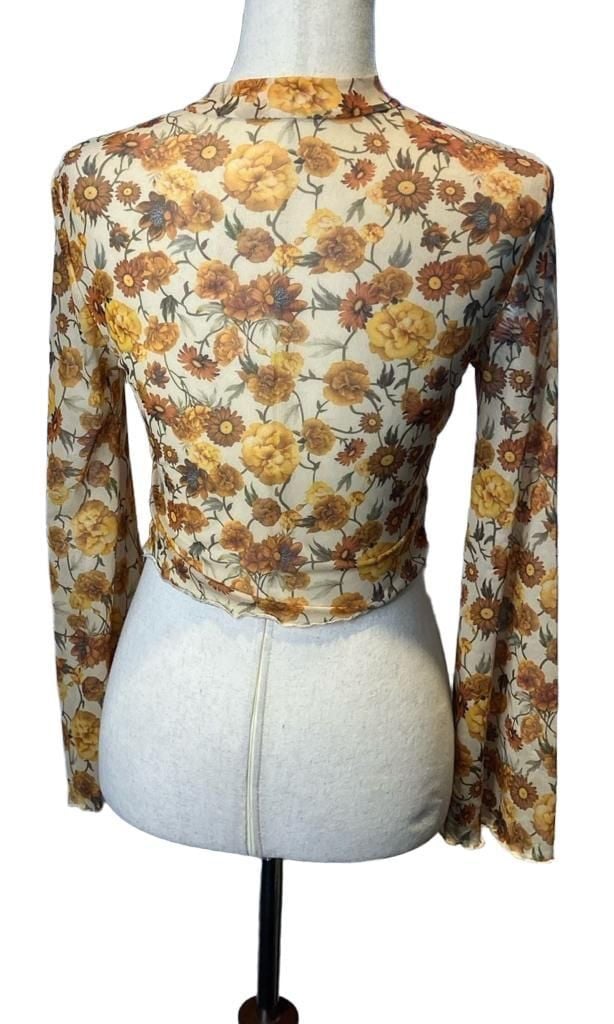 Little Daisy Floral Bell Sleeve Mesh Crop Top Yellow Orange 4
