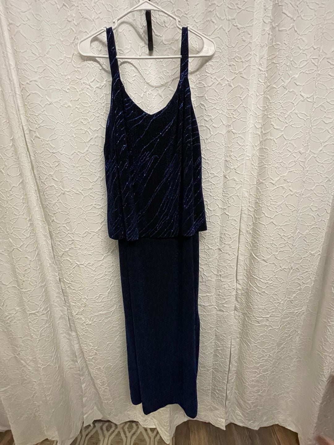 Alex Evenings Metallic Cobalt Blue Glitter 2pc Jacket Maxi Dress Set Plus Sz 20W 1
