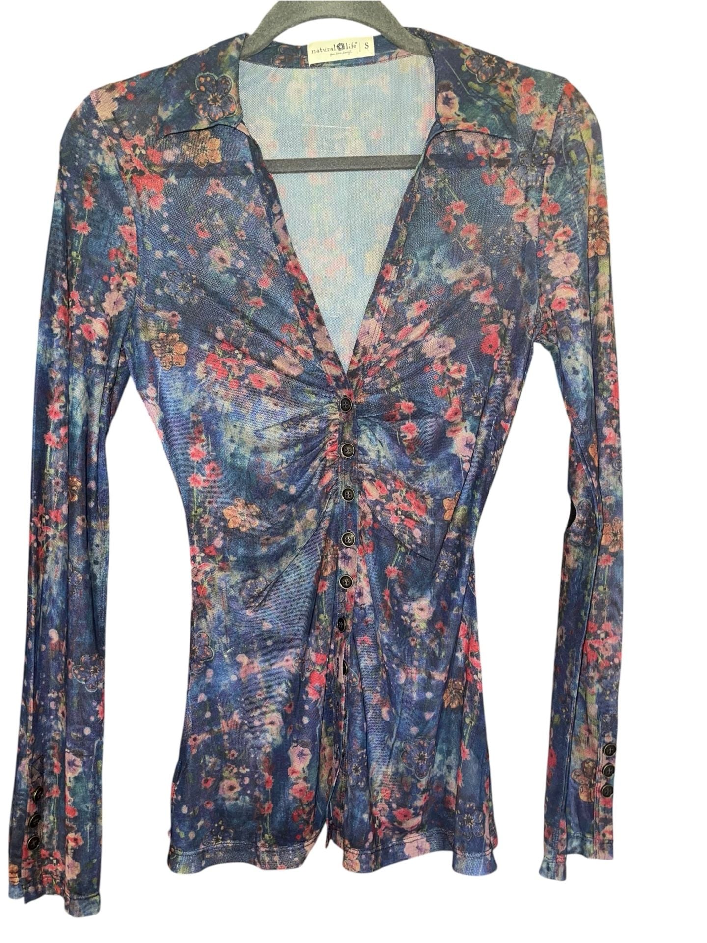 Natural Life S Floral Sheer Mesh Ruched Button Front Top Y2K Whimsigoth Boho 3
