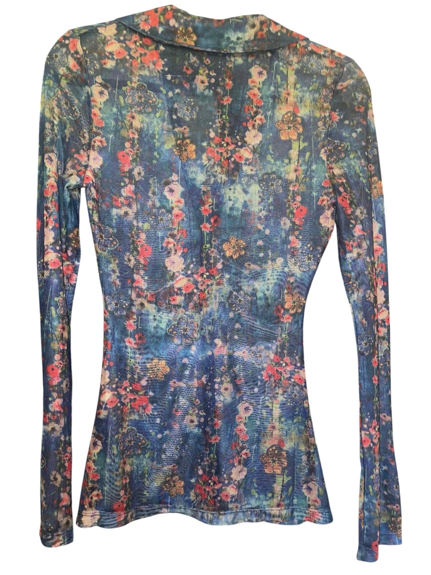 Natural Life S Floral Sheer Mesh Ruched Button Front Top Y2K Whimsigoth Boho 4