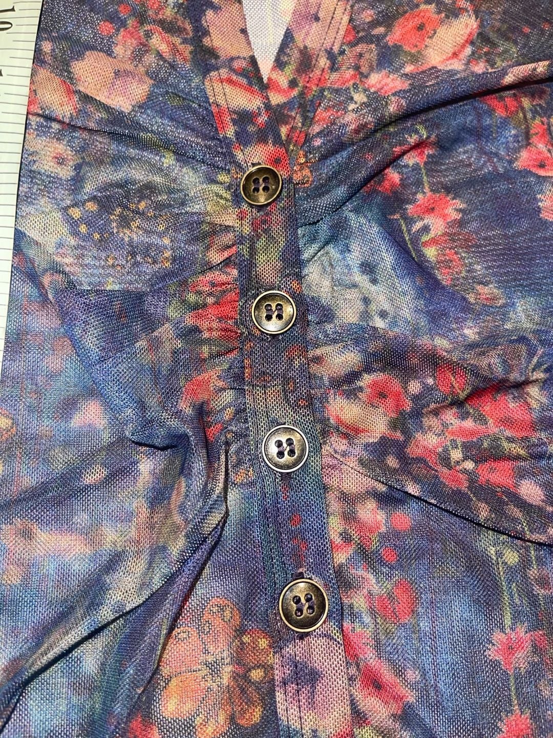 Natural Life S Floral Sheer Mesh Ruched Button Front Top Y2K Whimsigoth Boho 6