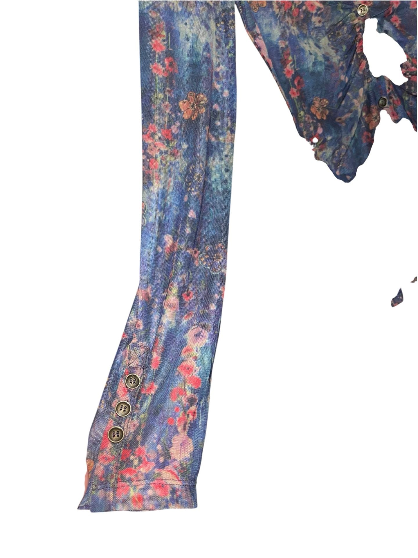 Natural Life S Floral Sheer Mesh Ruched Button Front Top Y2K Whimsigoth Boho 7