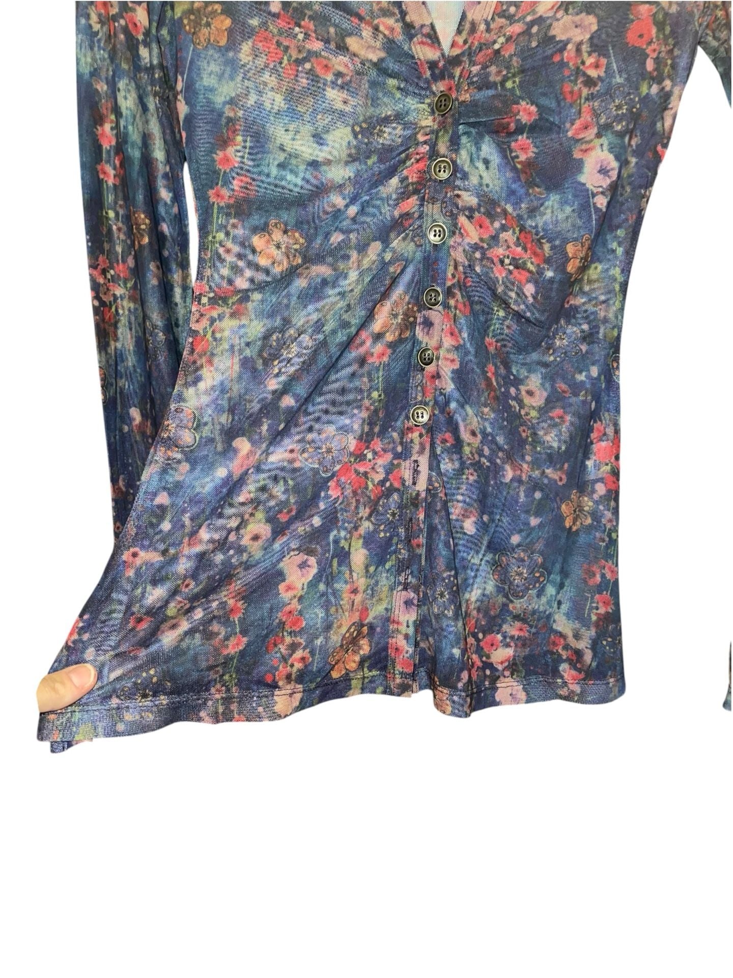 Natural Life S Floral Sheer Mesh Ruched Button Front Top Y2K Whimsigoth Boho 8