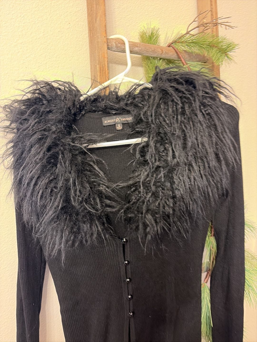 Almost Famous Cardigan Size S Black Faux Fur Trim 3