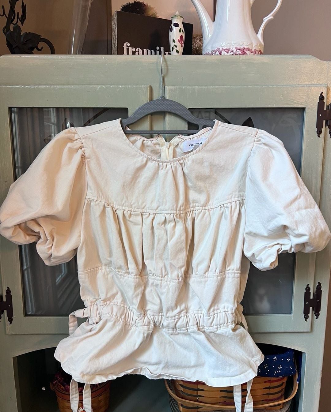 Anniewear Puff Sleeve Peplum Top Size M Cream Cotton 3