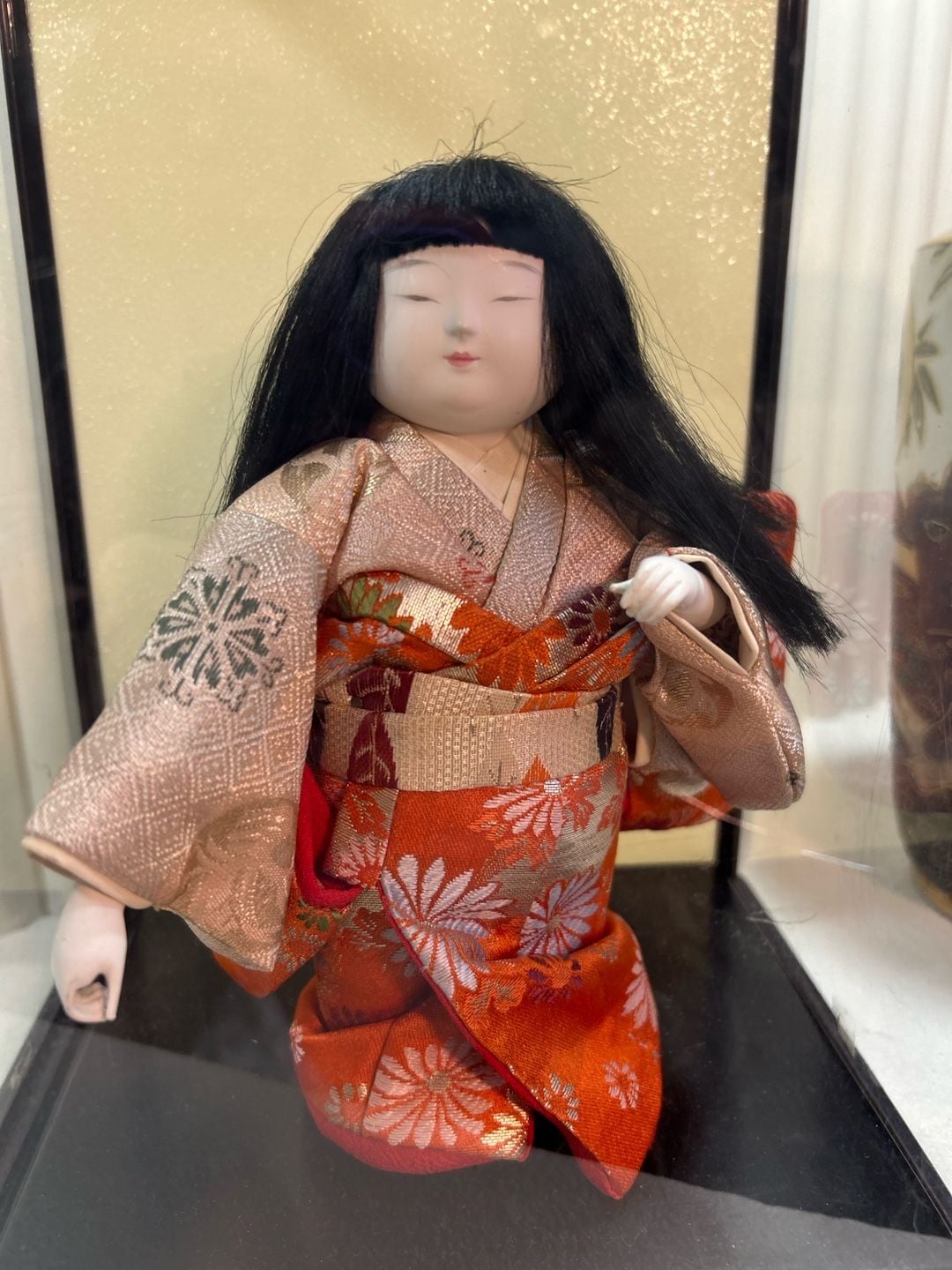 Vintage Japanese Kimekomi Doll Kimekomi-Ningyo Orange Silk Brocade Kimono 2