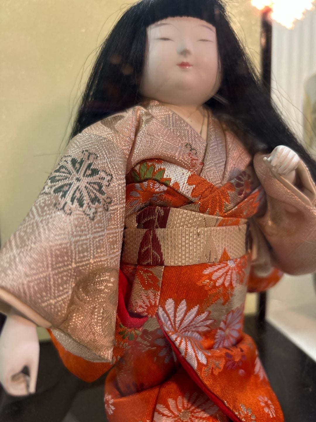 Vintage Japanese Kimekomi Doll Kimekomi-Ningyo Orange Silk Brocade Kimono 3