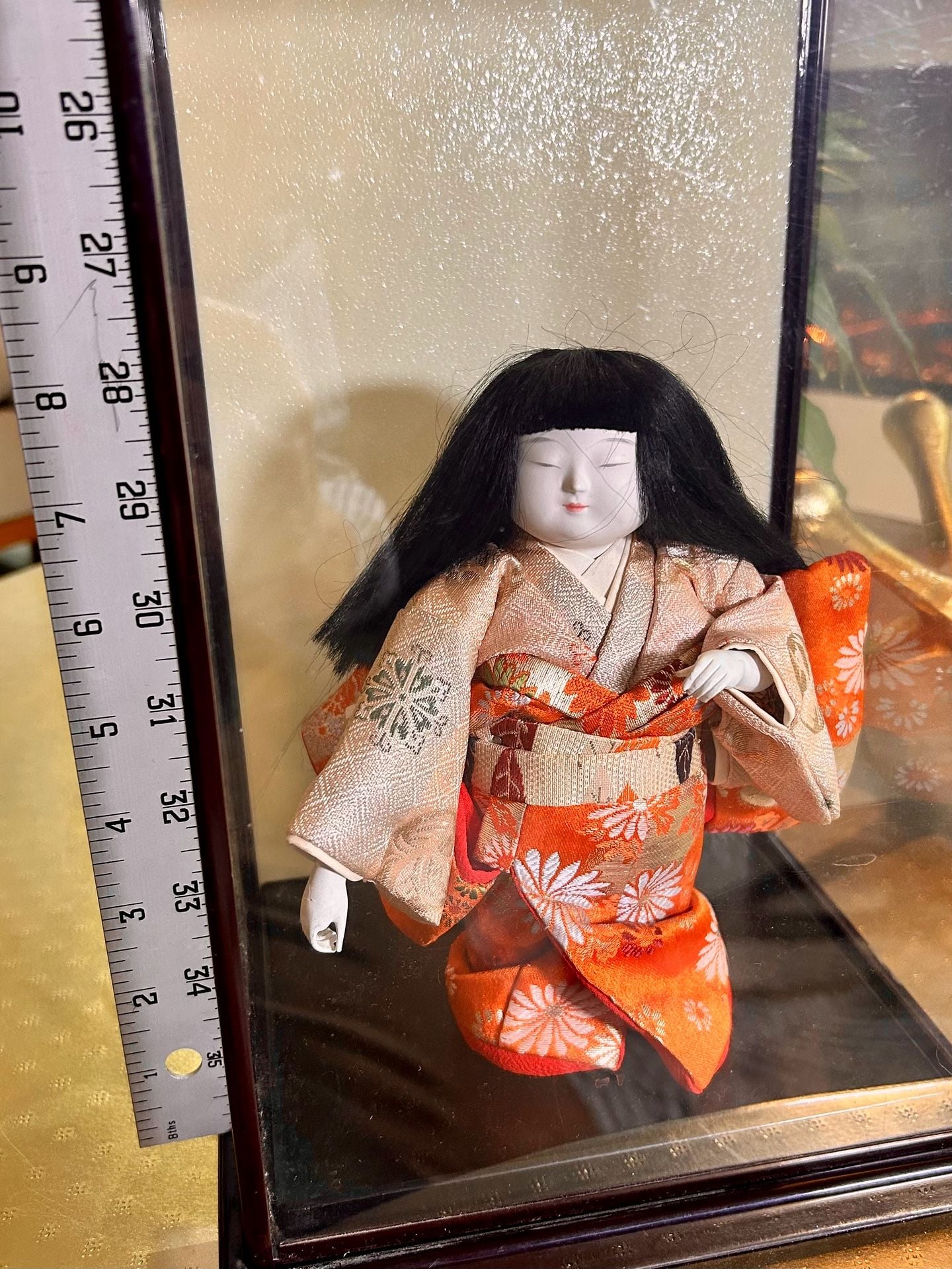 Vintage Japanese Kimekomi Doll Kimekomi-Ningyo Orange Silk Brocade Kimono 5